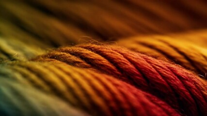 Close-up view of colorful yarn strands in a gradient, showcasing texture and vibrant hues, ideal for crafting themes