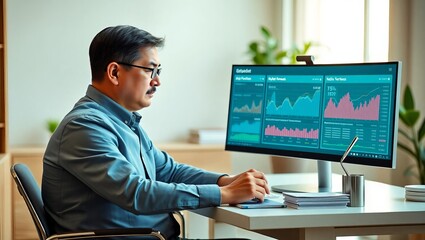 A middle-aged Asian man analyzes financial data on a dual-screen setup in a modern office.