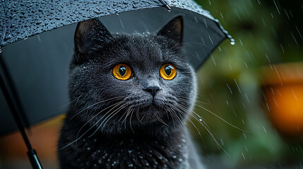 British Shorthair sitting under an umbrella in shallow rainwater with a calm expression 