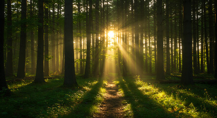 Fototapeta premium Sunlights Golden Rays Piercing Through Forests Dense Canopy Illuminating Path
