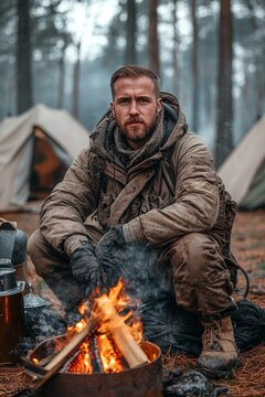 Camper Resting by Campire, Winter Camping Adventure Cozy Scene Amidst Snowy Woods With Tents