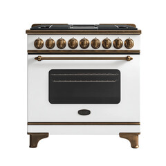 ?A rustic oven in matte white with bronze hardware, farmhouse kitchen style, centered front view, photorealistic lighting, no background.