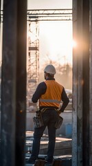 Fototapeta premium Architect aligning beams at building site