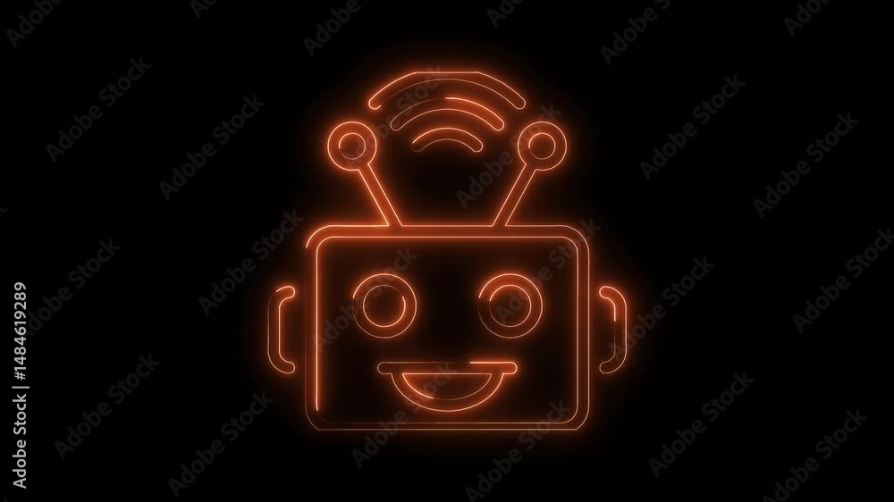 Poster neon glowing robot head on black background animation for technology or artificial intelligence conc