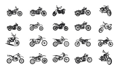 Motorcycle clip art vector and Silhouettes Big Collection Set, Collection of Black Isolated Motorcycles