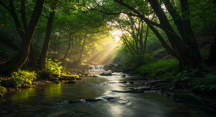 Obraz premium Sunlit Forest Stream with Cascading Waterfalls and Lush Greenery