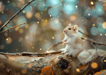 Tiny adorable hamster on forest log captured in white natural setting with green foliage