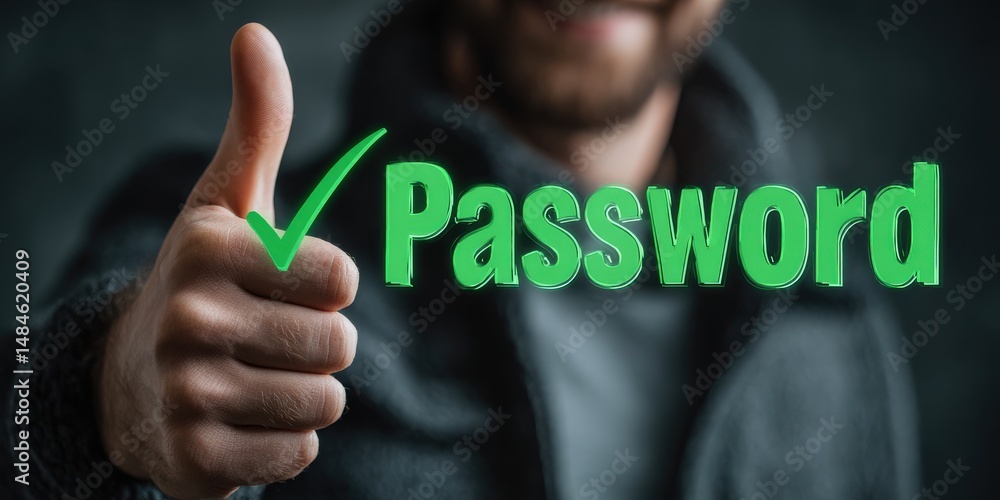 Poster secure access granted: a close-up of a person's hand gives a thumbs-up signal, a green checkmark con