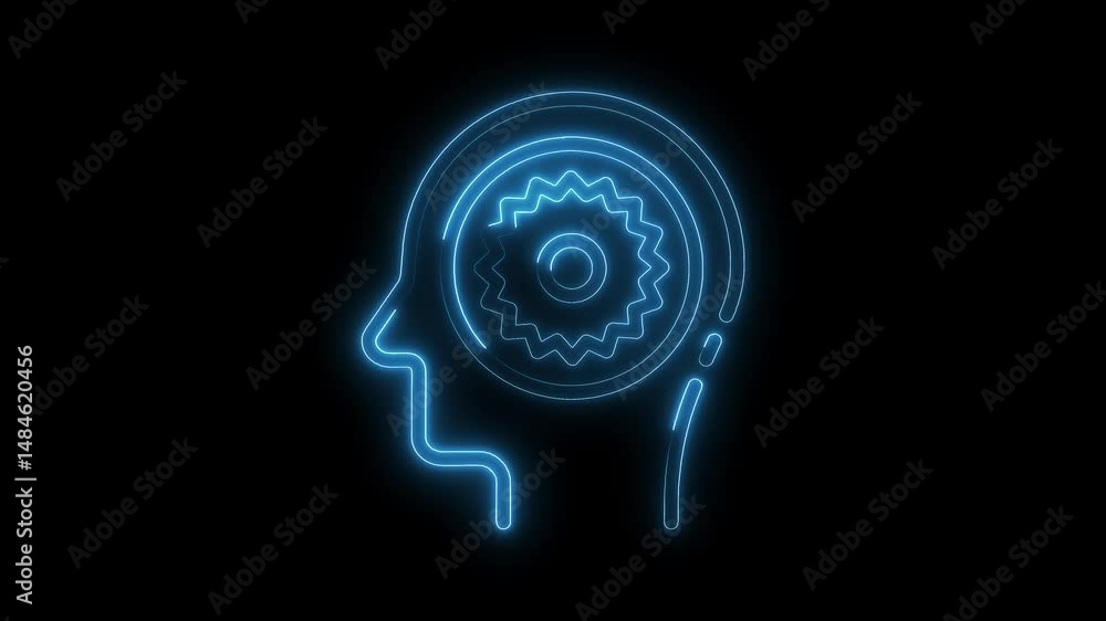 Poster neon head profile with gear rotating representing thinking process and artificial intelligence on bl
