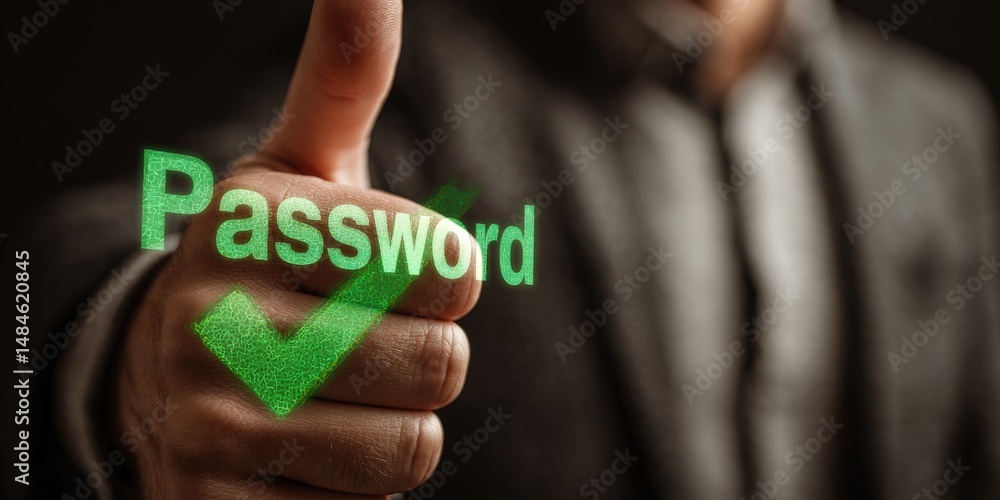 Aufkleber secure access: a person gives a thumbs up for secure password with a digital green checkmark, showin