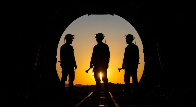 Three silhouetted male miners wearing hard hats with headlamps stand at the circular entrance of a dark mine tunnel, holding tools against a vibrant sunset or sunrise.
