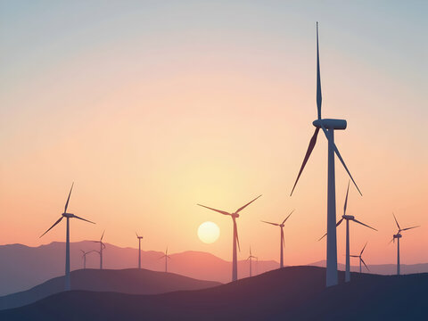 A captivating rendering of wind turbines gracefully standing atop rolling hills against a backdrop of a serene sunset, promoting sustainable energy and a cleaner future