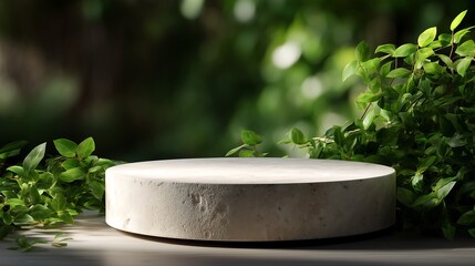 Elegant circular stone pedestal placed under natural sunlight with green foliage in the background, ideal for eco-friendly product presentations.