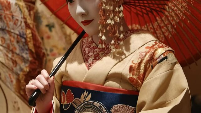 Portrait of a traditionally dressed woman holding a parasol with white makeup and patterned clothing, a representation of cultural heritage.