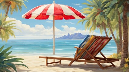 Tropical Beach Scene Illustration with Chair, Umbrella, and Surfboards
