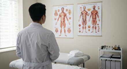 Rear view of an Asian male medical professional in a white coat standing in a clinic, observing human anatomy charts on the wall next to a treatment table and supply cart.