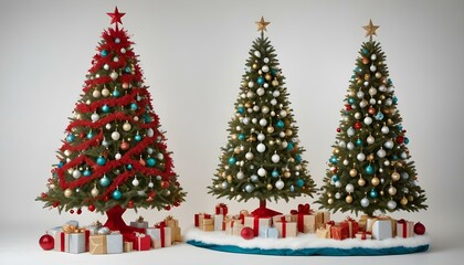 Obraz premium Three elegantly adorned Christmas trees, surrounded by gifts, perfectly embodying holiday cheer.