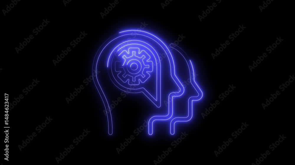 Aufkleber neon brainstorming heads with gear mechanism for innovation and strategic problem solving process