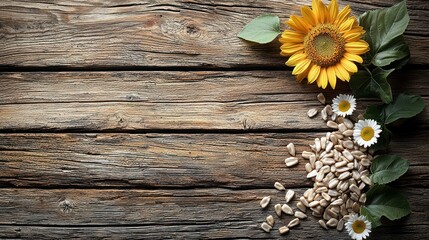 Obraz premium Rustic wooden table with sunflower and oat seeds