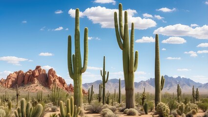 Scenic Desert Landscape with Cacti and Mountains Under Blue Sky