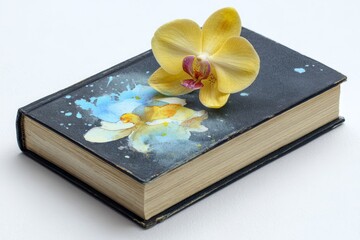 Fototapeta premium A decorative hardback book with a floral design and a yellow orchid.
