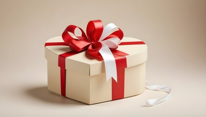 Obraz premium A beautifully wrapped heart-shaped gift, adorned with red and white ribbons, perfect for any special event.