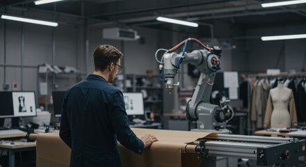 Male professional in a contemporary fashion workshop overseeing a robotic arm precisely processing material for garment design or manufacturing.