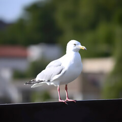 Obraz premium Gaviota posada en una barandilla de metal en un entorno urbano