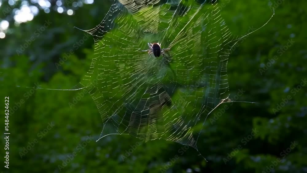 Poster golden hour light illuminating spider on a delicate web, creating an intricate insect trap in the na