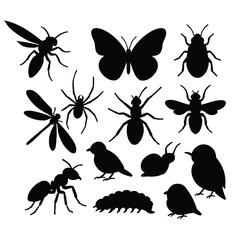 Set of insect silhouettes including ants flies butterflies beetles bees dragonflies mosquitoes and spiders vector icons