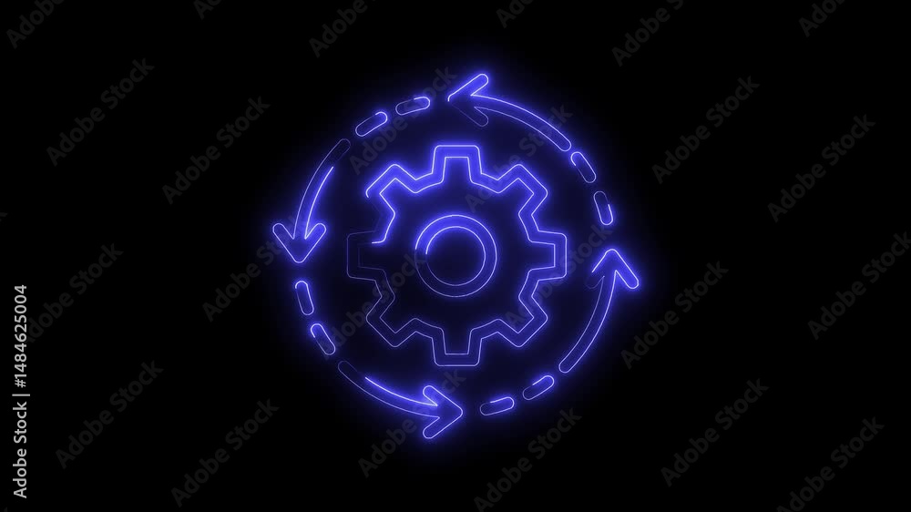 Poster glowing neon gear rotating with arrows on black background represents process and workflow