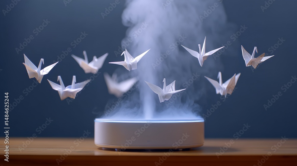 Poster humidifier emitting steam with floating paper cranes creating a serene atmosphere