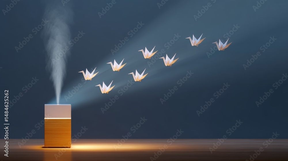 Poster humidifier releasing steam surrounded by floating origami cranes creating a serene atmosphere