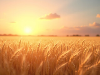 Obraz premium Golden wheat field basking in the warm glow of the setting sun, a serene and photorealistic depiction of nature's beauty and agricultural abundance at twilight