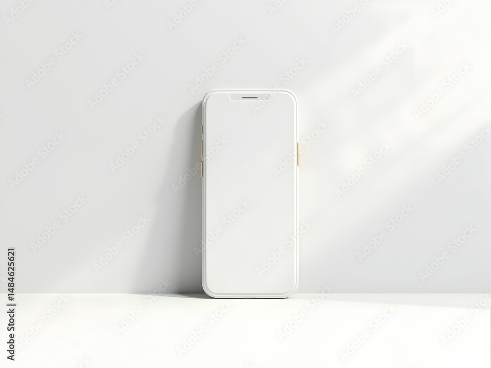 Poster Minimalist Mobile UI Mockup, A Clean and Modern Smartphone Display on a White Surface Showcasing App Design and Mobile Technology Concepts in a Bright Setting