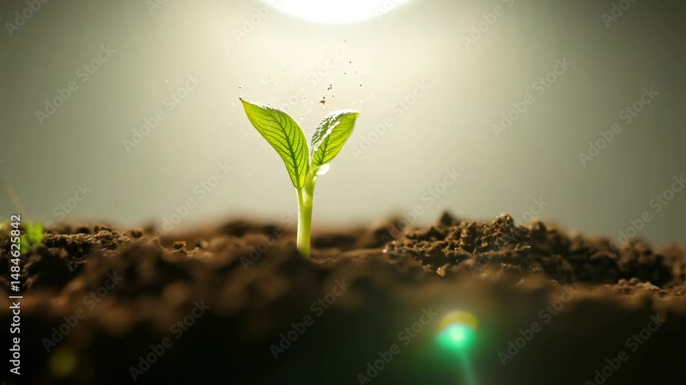 Poster zoom in on a bean sprout breaking through dark soil surface, backlit video emphasizing struggle and 