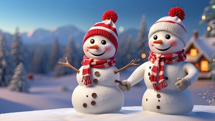 Obraz premium Cute Snowman in Winter Wonderland with Falling Snow