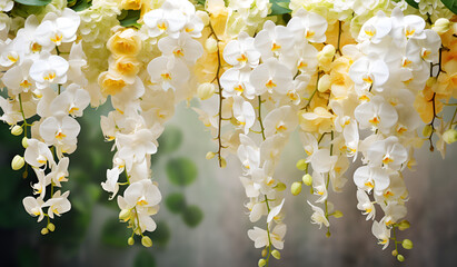 Beautiful hanging orchids with white background for floral decoration and botanical wallpaper