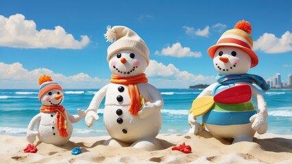 Tropical Christmas Snowmen on the Beach with Surfboard – Funny Holiday Scene
