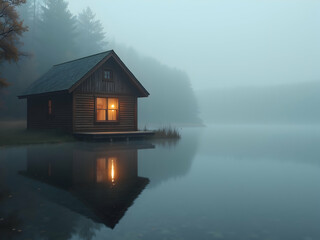 Obraz premium Tranquil Lakeside Retreat, A Cozy Cabin Bathed in Mist and Reflected Light, Evoking a Sense of Peace and Isolation in a Remote Wilderness Setting