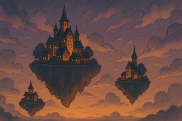 Floating Fantasy City at Sunset – Concept Art Illustration
