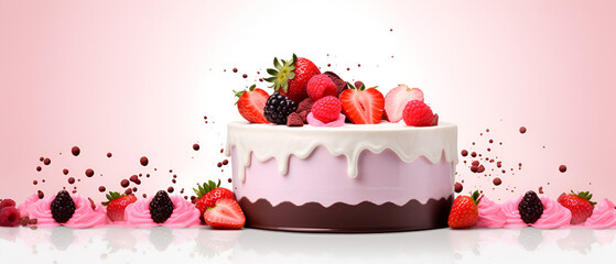 White birthday background with decorated cake and colorful festive design for celebration themes