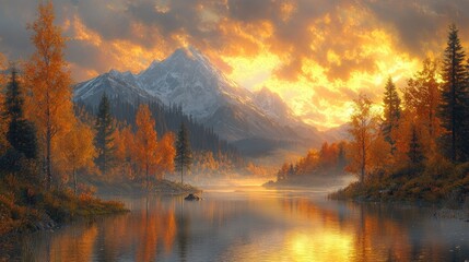 Fototapeta premium Autumn mountain lake sunrise