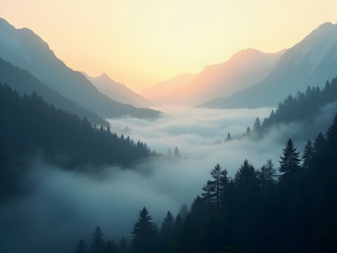 A breathtaking view of mountain peaks shrouded in mystical fog, with the warm glow of sunrise casting a golden light on the serene landscape creating peaceful atmosphere - Powered by Adobe