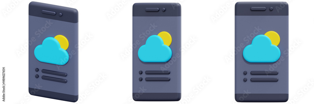 Aufkleber set of smartphones displaying a partly cloudy weather app 3d render icon illustration