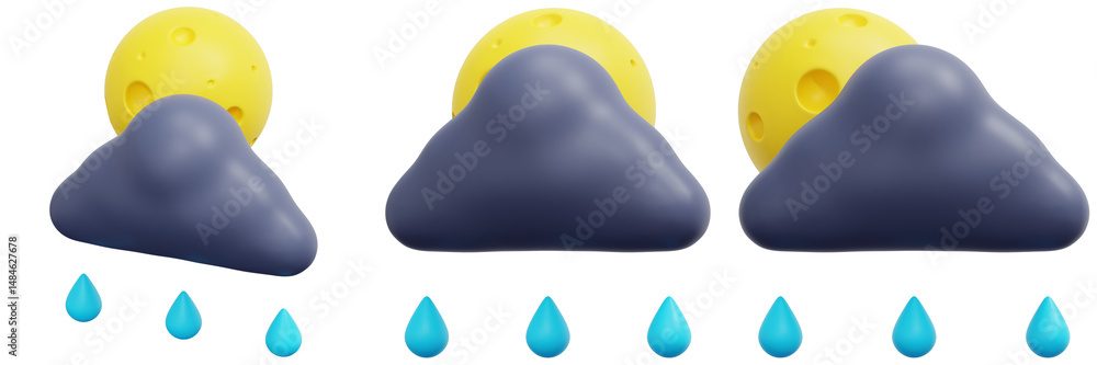 Poster set of 3d rendered clouds with rain and moon 3d render icon illustration