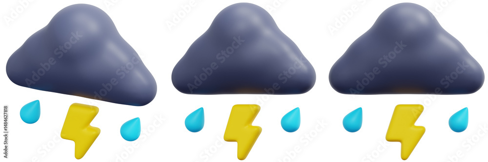 Poster set of 3d rendered gray clouds with rain and lightning 3d render icon illustration