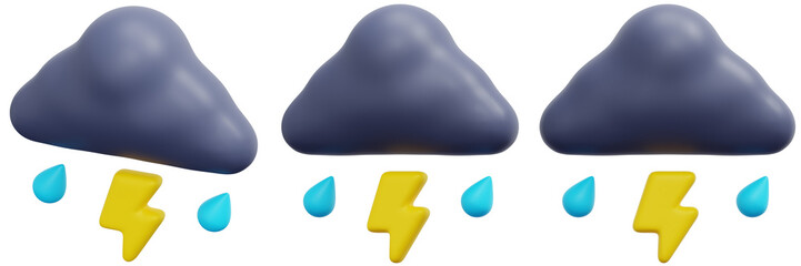 Set of 3D Rendered Gray Clouds with Rain and Lightning 3d Render Icon Illustration
