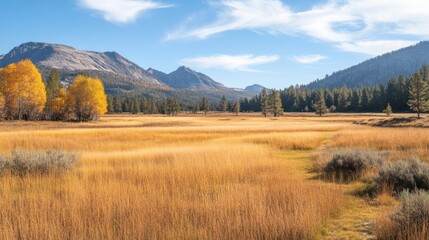 Serene Autumn Landscape with Golden Fields and Majestic Mountains in the Background