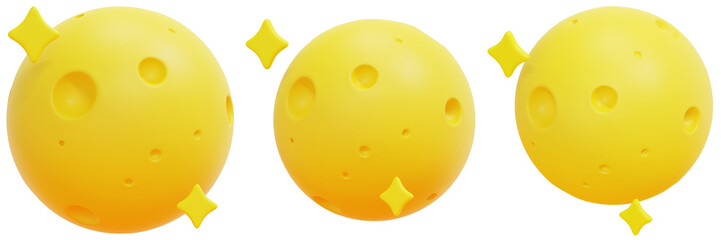 Set of Yellow Cratered Spheres with Glowing Stars 3d Render Icon Illustration